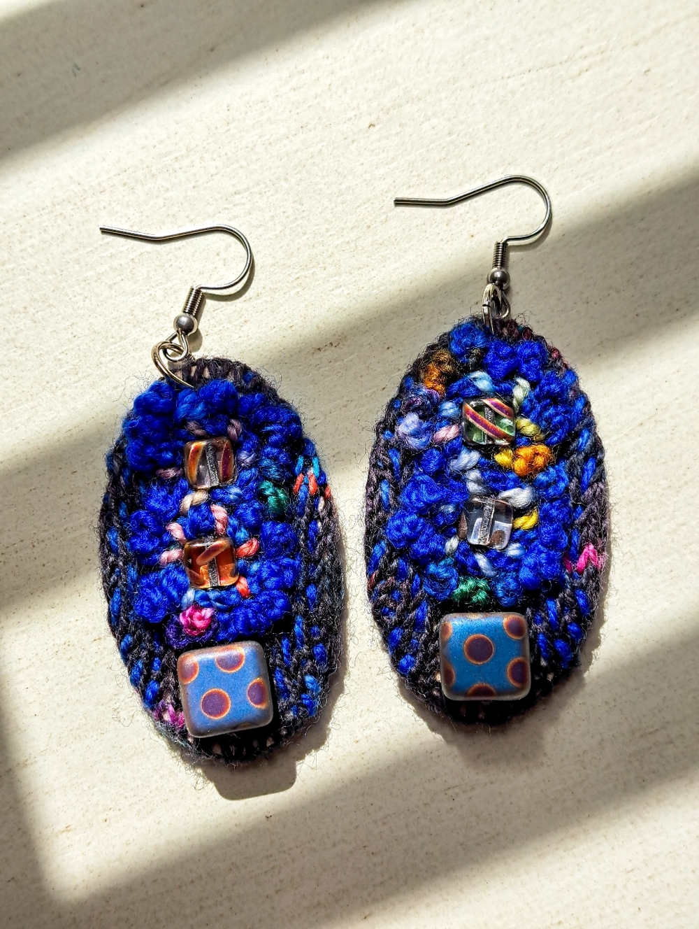 Handmade Bkack and Blue Knit Beaded Drop Earrings - Artisan Women Jewelry